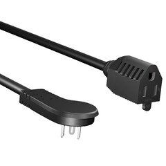 Power Extension Cord, Black, Low Profile Right Angle NEMA 5-15P to NEMA 5-15R, 13 Amp, 16 AWG, 1 foot