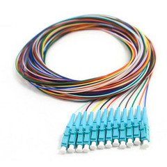12 Strand Fiber Pigtail, 50/125 Multmode(Aqua Boot), OM3, LC/PC connectors, 3 meter