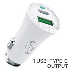 2 Port USB Car Charger, 3.4A total. Cigarette Lighter Plug, 1x USB Type A, 1x USB Type C, White