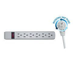Surge Protector, Flat Rotating Plug, 6 Outlet, Gray Horizontal Outlets, Plastic, Power Cord 4 foot