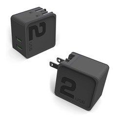 2 Port USB Wall Travel Charger, dual USB A female ports,  5V/2.1A output, Folding plug, Black