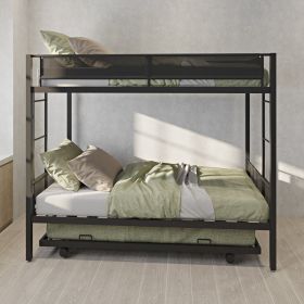 Metal Twin over twin bunk bed with Trundle/ Sturdy Metal Frame/ Noise-Free Wood Slats/ Comfortable Textilene Guardrail/ 2 side Ladders/ Space-Saving T
