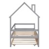 Twin Wooden Daybed with trundle, Twin House-Shaped Headboard bed with Guardrails,Grey