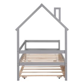 Twin Wooden Daybed with trundle, Twin House-Shaped Headboard bed with Guardrails,Grey