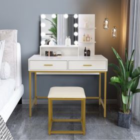 FCH Large Vanity Set with 10 LED Bulbs, Makeup Table with Cushioned Stool, 3 Storage Shelves 2 Drawers, Dressing Table Dresser Desk for Women, Girls,