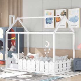 (Slats are not included) Twin Size Wood Bed House Bed Frame with Fence, for Kids, Teens, Girls, Boys (White )(OLD SKU :WF194274AAK)