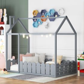 (Slats are not included) Twin Size Wood Bed House Bed Frame with Fence, for Kids, Teens, Girls, Boys (Gray )(OLD SKU :WF194274AAE)