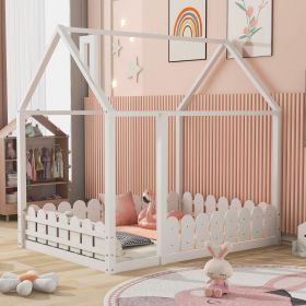 (Slats are not included) Full Size Wood Bed House Bed Frame with Fence, for Kids, Teens, Girls, Boys (White )(OLD SKU:WF281294AAK)
