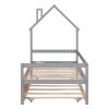 Twin Wooden Daybed with trundle, Twin House-Shaped Headboard bed with Guardrails,Grey