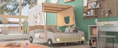 Wood Full Size Car Bed with Pillow, Ceiling Cloth and LED, Natural
