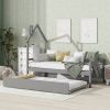 Twin Wooden Daybed with trundle, Twin House-Shaped Headboard bed with Guardrails,Grey