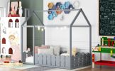 (Slats are not included) Twin Size Wood Bed House Bed Frame with Fence, for Kids, Teens, Girls, Boys (Gray )(OLD SKU :WF194274AAE)
