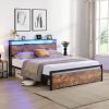 Full Size Bed Frame with Storage Headboard and 2 Drawers, LED Lights Bed with Charging Station, Metal Platform Bed No Noise, Mattress Foundation Stron
