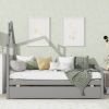 Twin Wooden Daybed with trundle, Twin House-Shaped Headboard bed with Guardrails,Grey