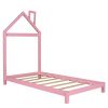 Twin Size Wood Platform Bed with House-shaped Headboard (Pink)