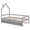 Twin Wooden Daybed with trundle, Twin House-Shaped Headboard bed with Guardrails,Grey