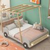 Wood Full Size Car Bed with Pillow, Ceiling Cloth and LED, Natural