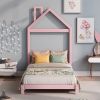 Twin Size Wood Platform Bed with House-shaped Headboard (Pink)