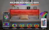Full Size Bed Frame with Storage Headboard and 2 Drawers, LED Lights Bed with Charging Station, Metal Platform Bed No Noise, Mattress Foundation Stron
