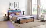 Full Size Bed Frame with Storage Headboard and 2 Drawers, LED Lights Bed with Charging Station, Metal Platform Bed No Noise, Mattress Foundation Stron