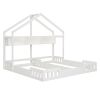 Wood Twin Size House Platform Beds,Two Shared Beds with Shelves and Guardrail, Creamy White