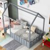 (Slats are not included) Twin Size Wood Bed House Bed Frame with Fence, for Kids, Teens, Girls, Boys (Gray )(OLD SKU :WF194274AAE)