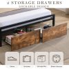 Full Size Bed Frame with Storage Headboard and 2 Drawers, LED Lights Bed with Charging Station, Metal Platform Bed No Noise, Mattress Foundation Stron