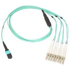 Plenum Fiber Optic Cable, 40 Gigabit Ethernet QSFP 40GBase-SR4 to MTP(MPO)/LC (4 Duplex LC) 24 inch Breakout Cable, OM3, 50/125, 1 meter
