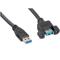 USB 3.0 Panel Mount Extension Cable, Type A Male to Panel Mount  Female, Black, 3 Foot