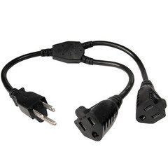 Power Y Cord, Black, NEMA 5-15P to Dual NEMA 5-15R, 16AWG, 13 Amp, 6 foot