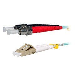 LC/UPC to ST/UPC OM3 Duplex 2.0mm Fiber Optic Patch Cord, OFNR, Multimode 50/125, Aqua Jacket, Beige LC Connector, Red/Black Boot ST, 3 meter (10 ft)