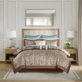 12 Piece Comforter Set With Cotton Bed Sheets (Color: BlueBrown)