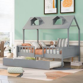 Full Size House Bed Wood Bed with Twin Size Trundle (Color: gray)
