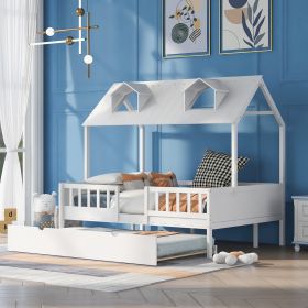 Full Size House Bed Wood Bed with Twin Size Trundle (Color: White)