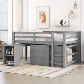 Low Study Full Loft Bed with Cabinet ; Shelves and Rolling Portable Desk ; Multiple Functions Bed (Color: gray)