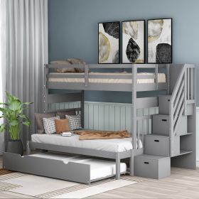 Twin over Twin/Full Bunk Bed with Twin Size Trundle (Color: gray)
