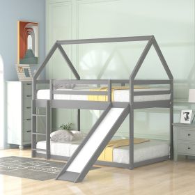 Twin over Twin Low Bunk Bed, House Bed with Ladder , White (Style: Slide, Color: gray)