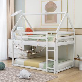 Twin over Twin Low Bunk Bed, House Bed with Ladder , White (Style: Standard, Color: White)