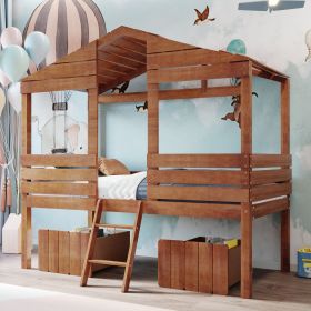 Twin Size Low Loft Wood House Bed with Two Drawers (Color: Walnut)