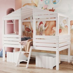 Twin Size Low Loft Wood House Bed with Two Drawers (Color: White)