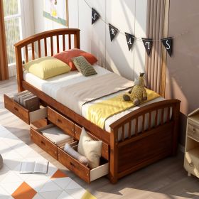 Twin Size Platform Storage Bed Solid Wood Bed with 6 Drawers (Color: pic)