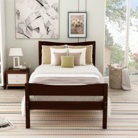 Twin Size Wood Platform Bed with Headboard and Wooden Slat Support (Color: Espresso)