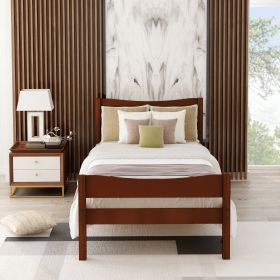 Twin Size Wood Platform Bed with Headboard and Wooden Slat Support (Color: Walnut)