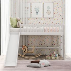 Twin Size Low Loft Bed with Ladder and Slide (Color: White)