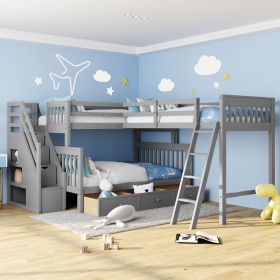 Twin over Full L-Shaped Bunk Bed With 3 Drawers, Ladder and Staircase (Color: gray)