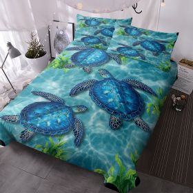 Sea Turtle Pattern Duvet Cover Set 3 Pieces King Size Soft Bedding Set With 2 Pilowcases With Zipper Closure For Home Bedroom For All Seasons (Option: King-Green)