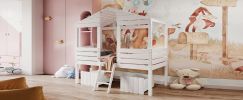 Twin Size Low Loft Wood House Bed with Two Drawers