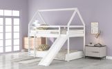 Twin over Twin Low Bunk Bed, House Bed with Ladder , White