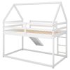 Twin over Twin Low Bunk Bed, House Bed with Ladder , White