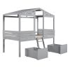 Twin Size Low Loft Wood House Bed with Two Drawers